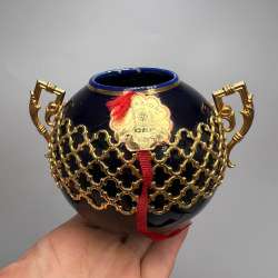 Vintage Italian Cobalt Porcelain Vase Gold Lattice Creazioni Firenze Decor