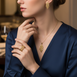 14K Yellow Gold Vintage Lacework Jewelry Set Ring Earrings Pendant Zircon Women's