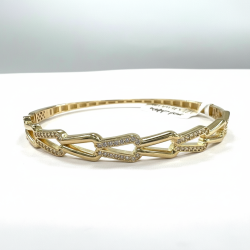 14K Yellow Gold Bangle Bracelet Interlinked Chain Zircon Diamond Cut Women's Fine Jewelry