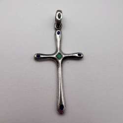 Vintage 925 Sterling Silver Italian Cross Pendant Blue Green Enamel Marked 5.3