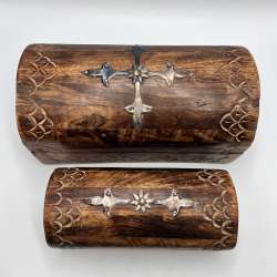 Vintage Carved Wooden Jewelry Boxes Set Handmade Hardwood Cross Inlay Decor