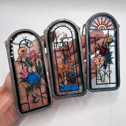 Vintage Stained Glass Suncatcher Set Hand Painted Floral Hanging Panels Decor