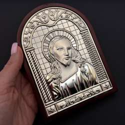 Vintage Jesus Christ Icon Silver 925 Front on Wood Table or Wall Display Decor
