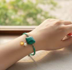 Vintage Malachite Bracelet Square Gemstone Jewelry Green Rope Handmade Style 7.5