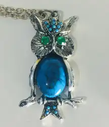 Vintage Silver Owl Pendant Necklace Faux Turquoise Body & Green Rhinestone Eye