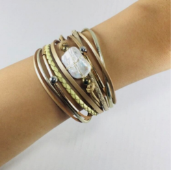 Boho Leather Cuff Bracelet Magnetic Closure Baroque Pearl Wrap Gift for Her