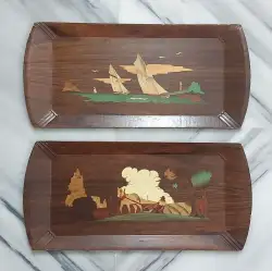 Vintage 1950s Hasko Lithograph Wood Trays Lighthouse & Ships Chicago USA Set of2