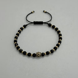 Mens Black Onyx Gold Beaded Bracelet Adjustable Protection Jewelry Gift