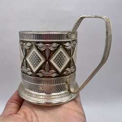 Vintage Coasters Holder Cup Glass Aluminum USSR Soviet Handle Stamp Gilt 50gr