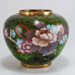 VTG Rare Chinese Cloisonné Brass Jar Vase Green Enamel Pink Blue Flowers Mini