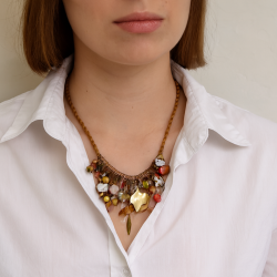Handmade Rope Necklace Boho Chic Artisan Jewelry w/Faux Pearl-Crystal Leaf Charm