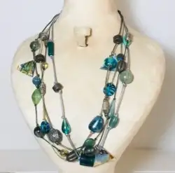 Rare Handmade Boho Necklace 4-Strand Gemstones Shells Murano Glass Silver Charms