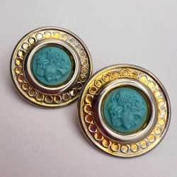 Huge Vintage Italian 800 Silver Cameo Earrings Gold Plated Turquoise Paste 1970s