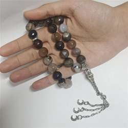 33 agate stone prayer beads tasbih with silver crescent charms and tassel