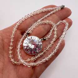 Vintage Crystal Beads Necklace Faceted Pendant 750 White Gold Clasp Italy Marked