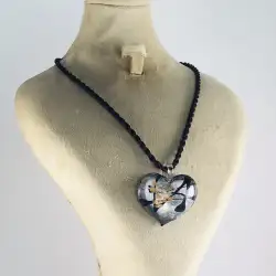 Murano Art Glass Heart Pendant | Silver & Black Blown Glass Necklace 18 Bra