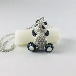 Panda Pendant Necklace Silver Tone Teardrop Chunky Rhinestone Enamel Articulated
