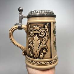 Vintage GERZ Pewter Lid West Germany Ceramic Beer Stein Deer Scene Collectible