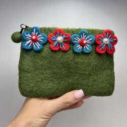 Handmade Green Felt Wool Coin Purse Floral Zip Pouch Nepal Boho Gift Cute Girl