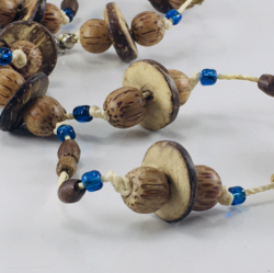 Vintage Boho Nut Seed Necklace Wood Beads Blue Accents Knotted Cord Handmade Phi