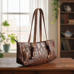 Hand Made Vintage Style Brown Embossed 100% Leather Women's Shoulder Bag Purse.