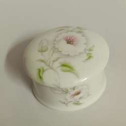 Vintage Porcelain Trinket Box Round Floral Jewelry Case -White with Pink Flowers