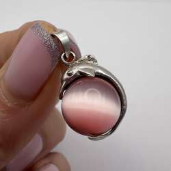 Vintage Sterling Silver 925 Dolphin Pendant Necklace Pink Stone Orb Ocean Jewelr