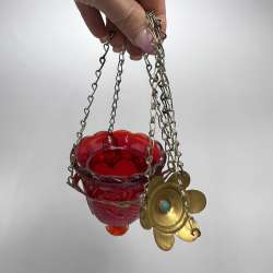 Vintage Lampada Lamp for Icon Red Glass Brass Christian Church Wall Hanging 1980