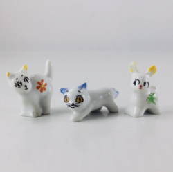 Vintage Japanese Mini Ceramic Figurines Cats/Rabbit Hand-Painted White Porcelain