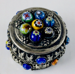 VTG Murano Millefiori Trinket Box Italian Glass Beads Silver Metal Roses Handmad