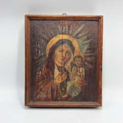 Vintage Orthodox Icon Mary & Jesus 1940s Hand-Painted Wood Wall Hanging