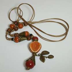 Boho Artisan Necklace Dusty Orange Ceramic Beads Leaf Charms Adjustable Waxed Co