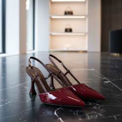 Women's Pointed Toe High Heels Slingback Buckle Thin Stilettos Mirror PU Burgund