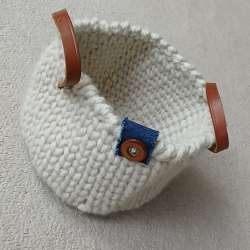 Handmade Knit Basket wool yarn Leather Handles Rustic Storage Organizer Boho