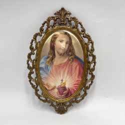 Vintage Jesus Sacred Heart Icon Bronze Brass Frame Religious Wall Art 1990s