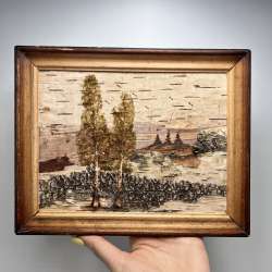 Antique Birch Bark Wall Art Amber Crumb Wooden Frame 19 × 24 cm Preowned