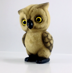 Vintage Josef Originals Flocked Owl Figurine Japan Brown Felt Texture Yellow Eye