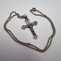 Vintage French 800 Silver Crucifix Cross Pendant w/ Chain Marked 38cm Religious