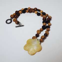 Boho Wooden Beaded Necklace with Hand-Carved Mother of Pearl Flower Pendant 9”