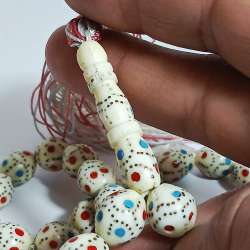 Antique Islamic Prayer Beads 33 Oval Bone Beads Inlaid Brass Coral-Turquoise 53g