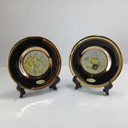 Vintage black gold Chokin porcelain plate set 24K Gold Rim Birds Blossoms Japan