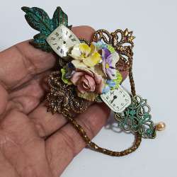 Vintage Steampunk Cross Brooch Brass Patina USSR Handmade Ceramic Floral Bouquet
