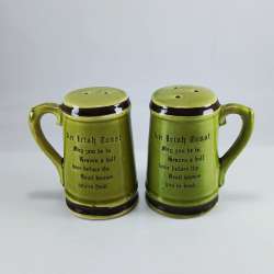 Vintage Irish Toast Salt and Pepper Shakers Green Brown Beer Mug Shape Japan