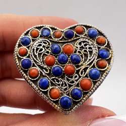 Vintage Sterling Silver 925 Filigree Heart Trinket Pill Box Coral Lapis Lazuli