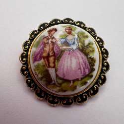Vintage French Porcelain Insert Brooch Women Antique Fragonard Style Pin