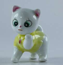 Vintage Japanese Kitsch Cat Figurine Anthropomorphic Bisque Porcelain Yellow 1.5
