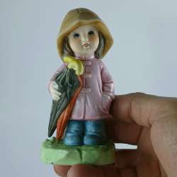 Vintage Rain Girl Figurine Pink Raincoat Umbrella 1960s Ceramic Pastel Colors
