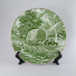 Vintage H M Sutherland Bone China Plate Rural Scene Green Transferware Gold Rim
