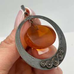 Vintage Soviet 875 Silver Natural Amber Pendant USSR Large Oval Frame