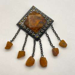 Vintage Soviet Huge Natural Amber Dangle Brooch Brutalist Square Frame 17.3g